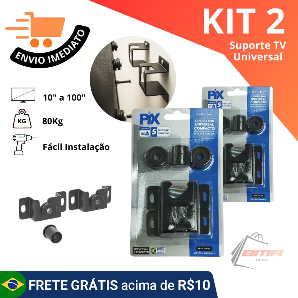 Suporte Fixo Universal Compacto Para TV e Monitor 10” a 100” – 80kg, Preto, com Parafusos.