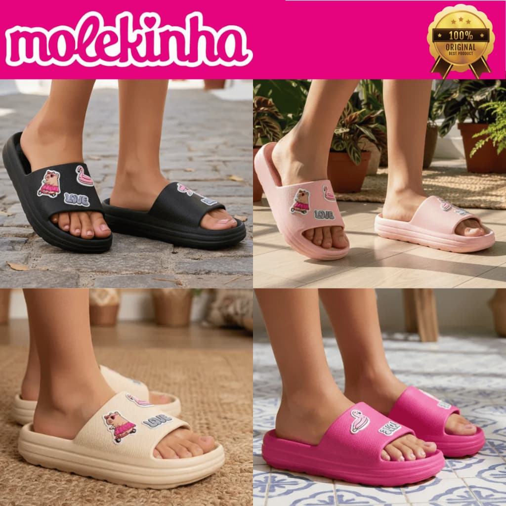 Chinelo Molekinha Meninas Nuvem Bottons Pins Capivara Confortável EVA Marshmallow Slide Original