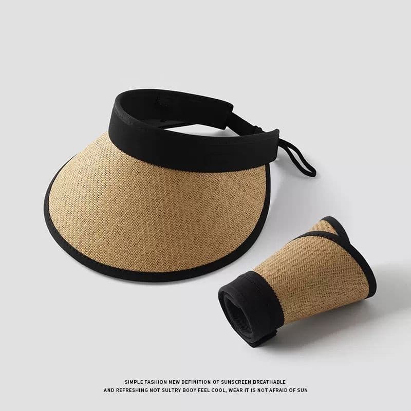 Viseira Feminina Moda Praia Palha Aba Dobrável Grande Flexível Elástico Estilo Verão Proteção Solar.
