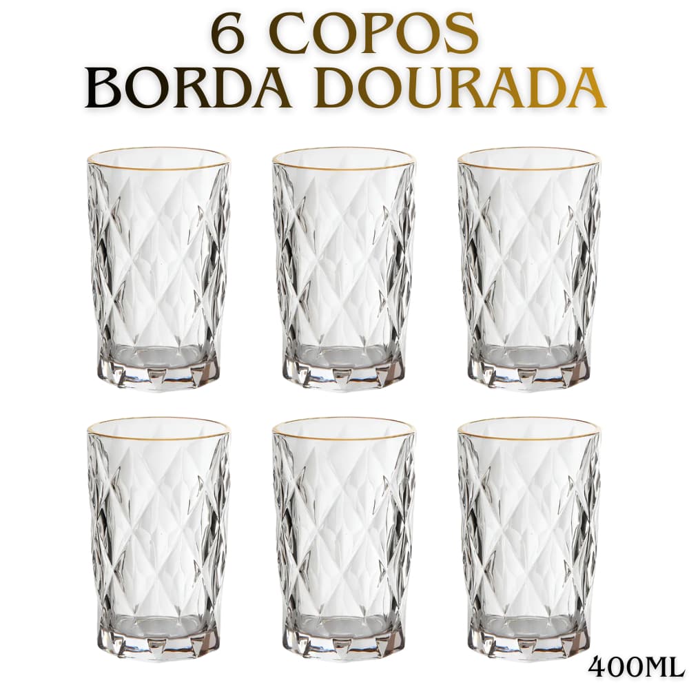 Jogo 6 Copos Altos 400ml Borda Dourada Diamond Clear Transparente Com Borda Dourada