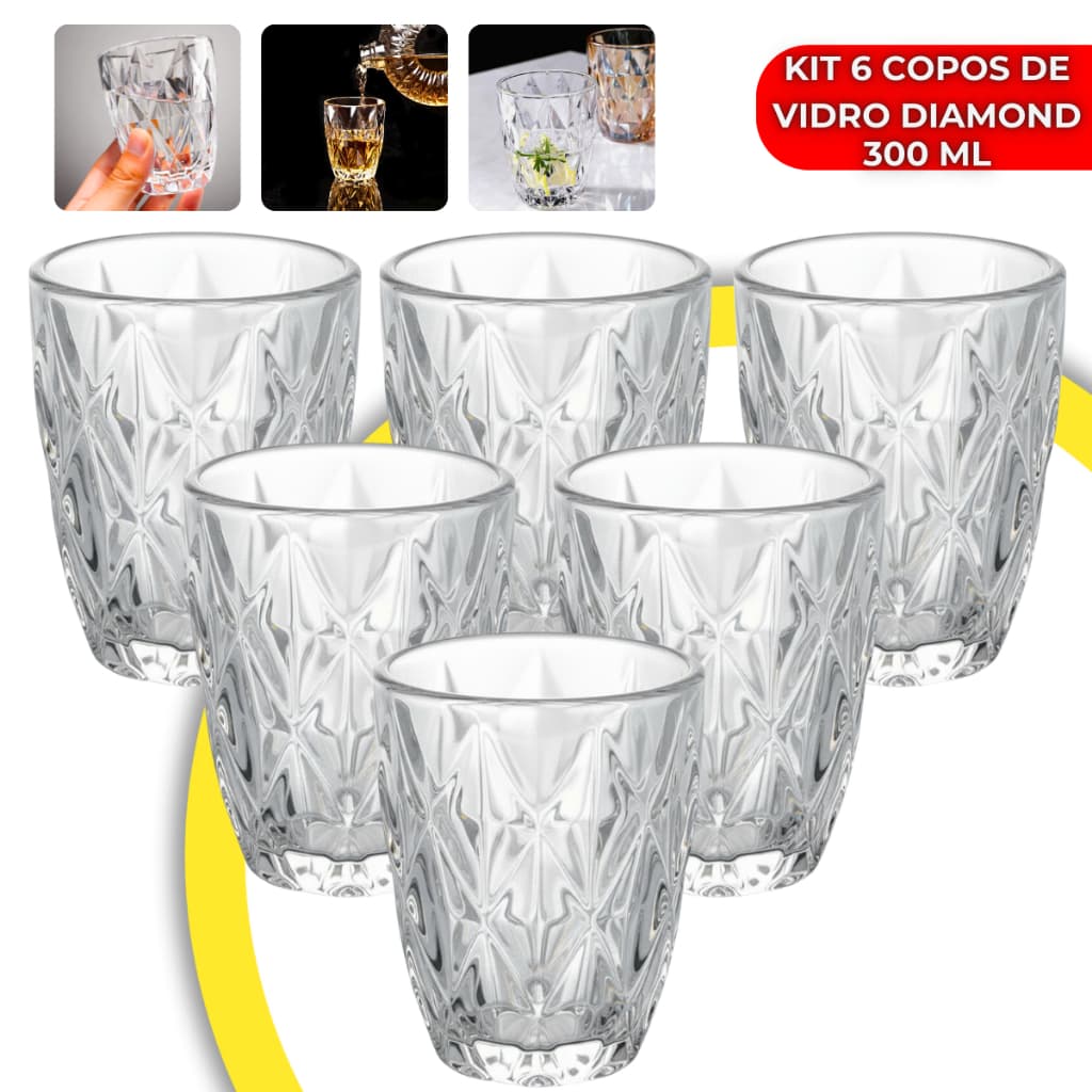 Jogo 6 Copos Diamond 300ml Vidro Grosso Diamante Luxo Transparente Resistente Moderno Elegante