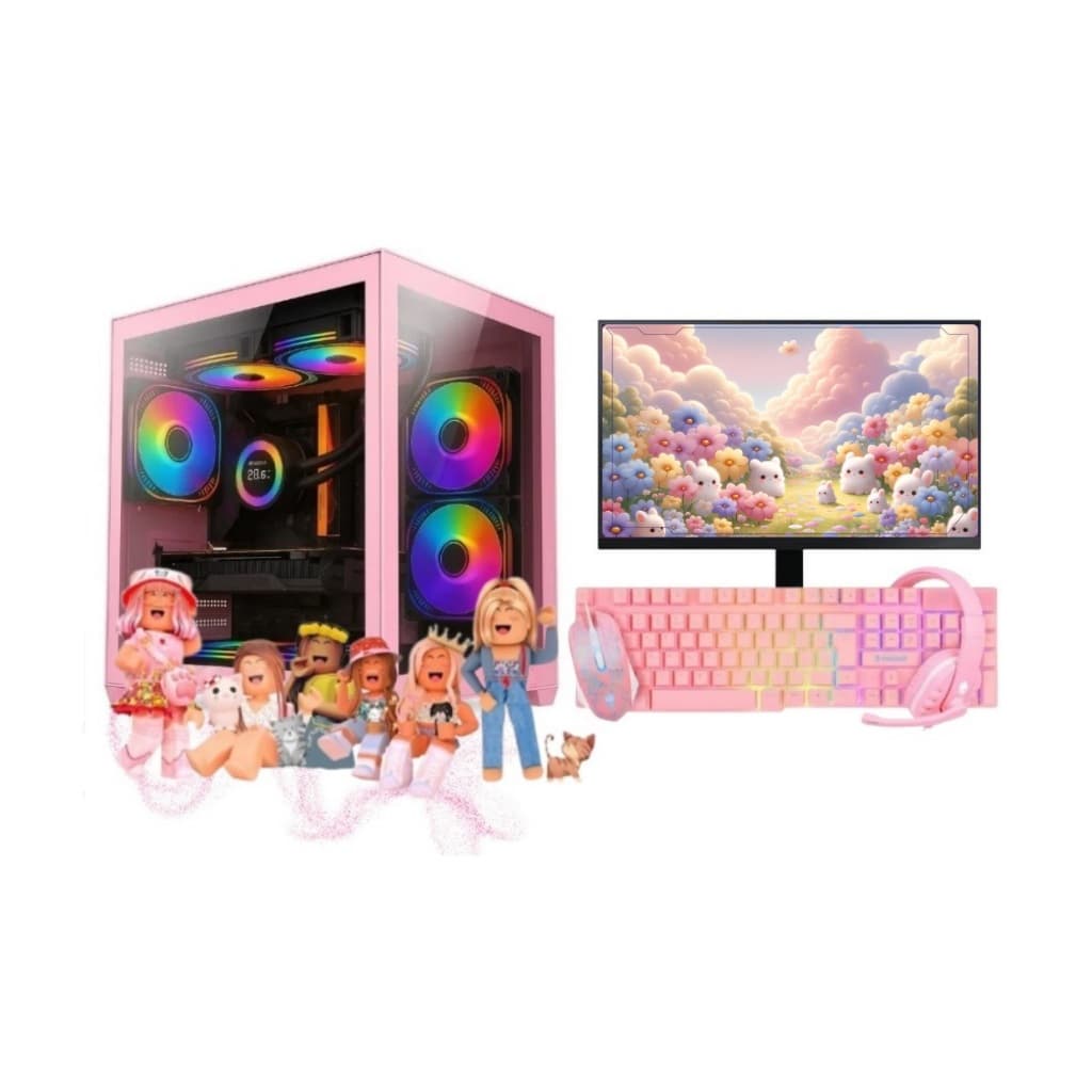 Computador Gamer/Estudos/ Infantil Completo, Teclado, Mouse, Headset Rosa