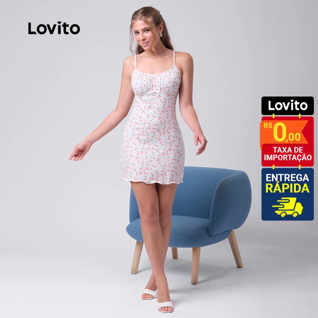 Lovito Pijama Camisola Feminina Recorte no Busto e Alcinhas Estampa Cereja SDB308BRL337