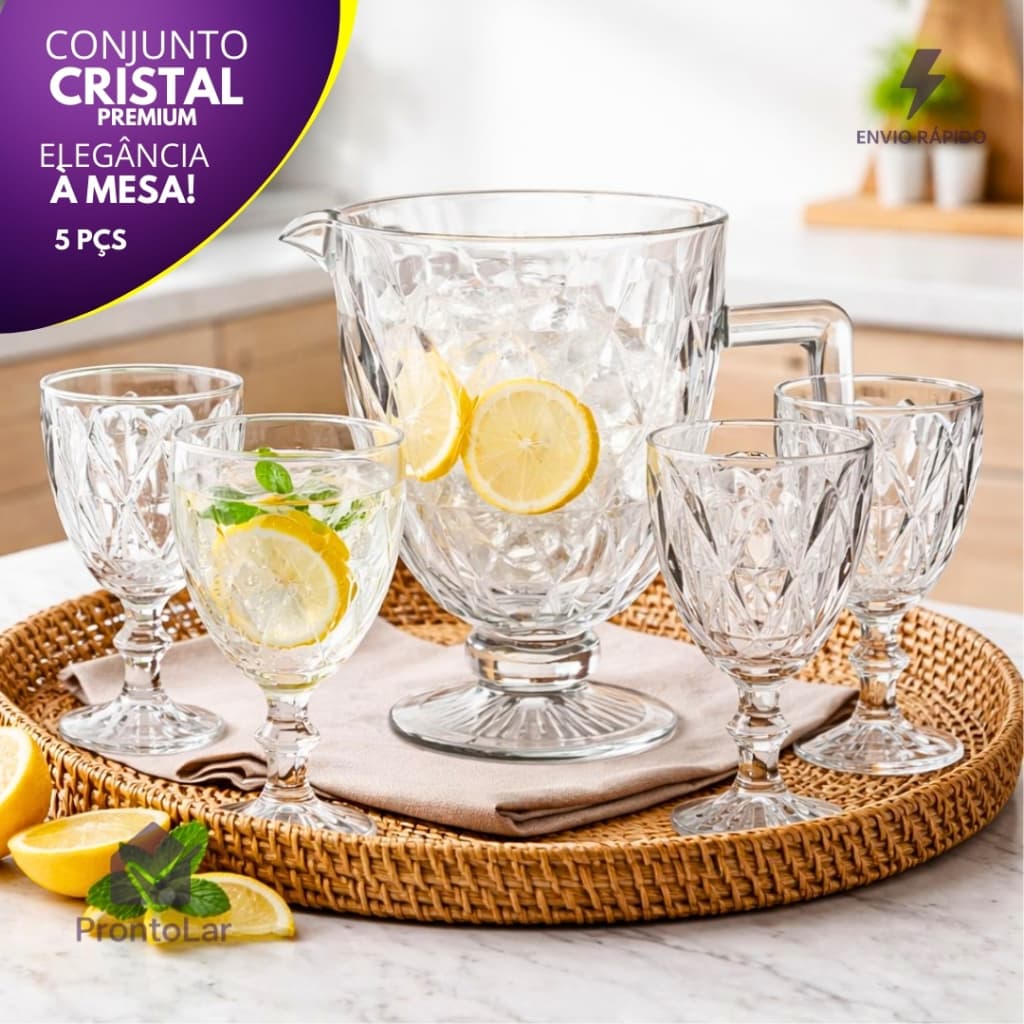 Jogo De Jarra com 4 Taças Diamond 1,2L Para Água Suco Taças 330ML