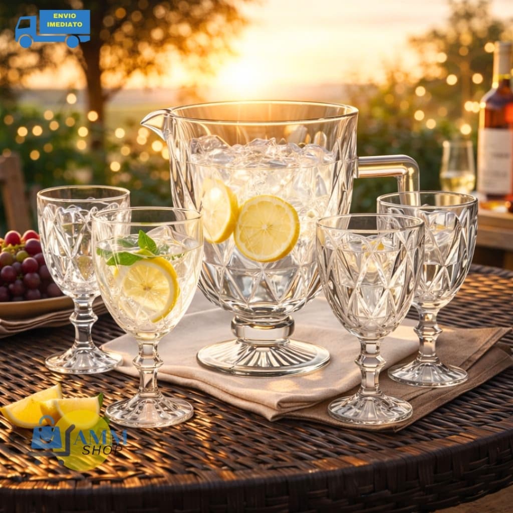 Jarra com 4 Taças Diamond 1,2L Para Água Suco Taças 330ML