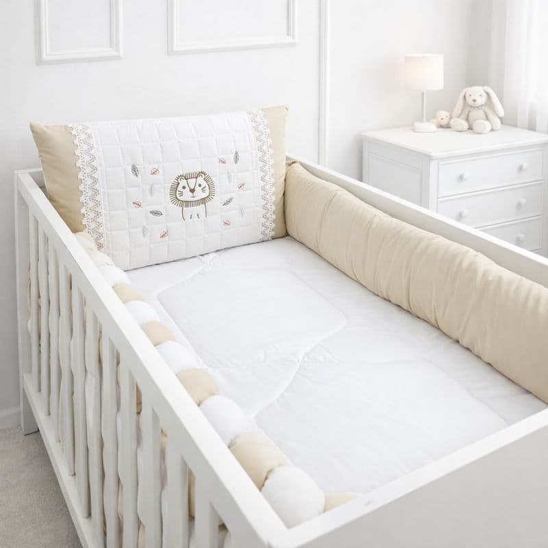 Kit Berço Branco e Bege - Menino/Menina - 400 Fios - Conforto e Delicadeza - 09 peças Jogo Afeto