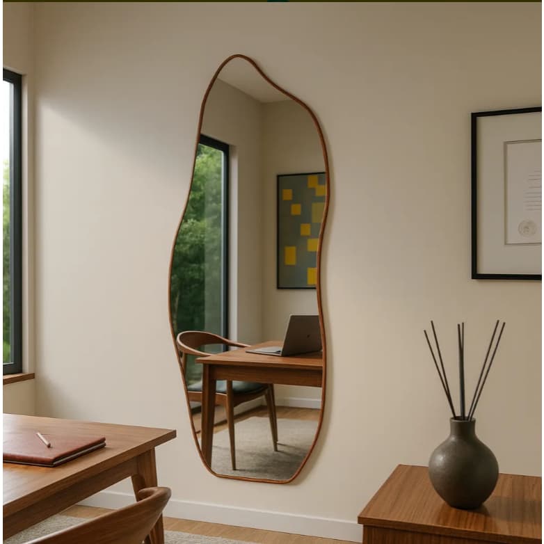 Espelho Grande Orgânico Com Moldura Em Couro Corpo Inteiro Lançamento Para Quarto Sala Banheiro Hall Moderno