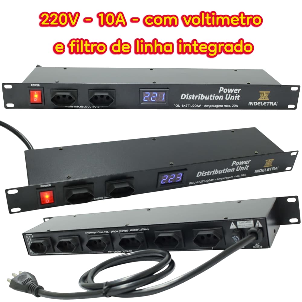 PDU + FLT - UNIDADE DE DISTRIB. DE ENERGIA C/ FILTRO DE LINHA COM VOLTIMETRO 10A 220V