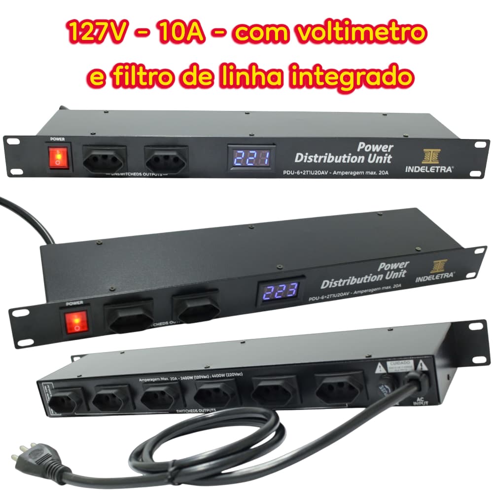 PDU+FLT - UNIDADE DE DISTRIB. DE ENERGIA C/ FILTRO DE LINHA COM VOLTIMETRO 10A 110V