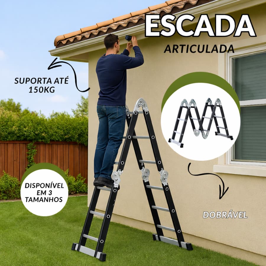 Escada Articulada de Alumínio 6,20m 20 Degraus Multifuncional para Obra e Reforma