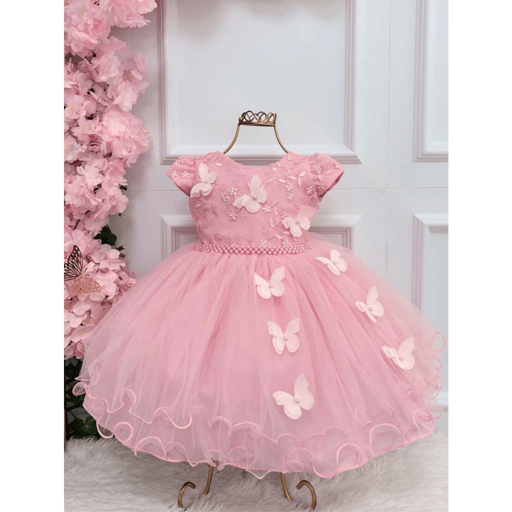 Vestido Festa Infantil C/ Aplique Borboletas Luxo - Várias Cores - 1.2.3.4