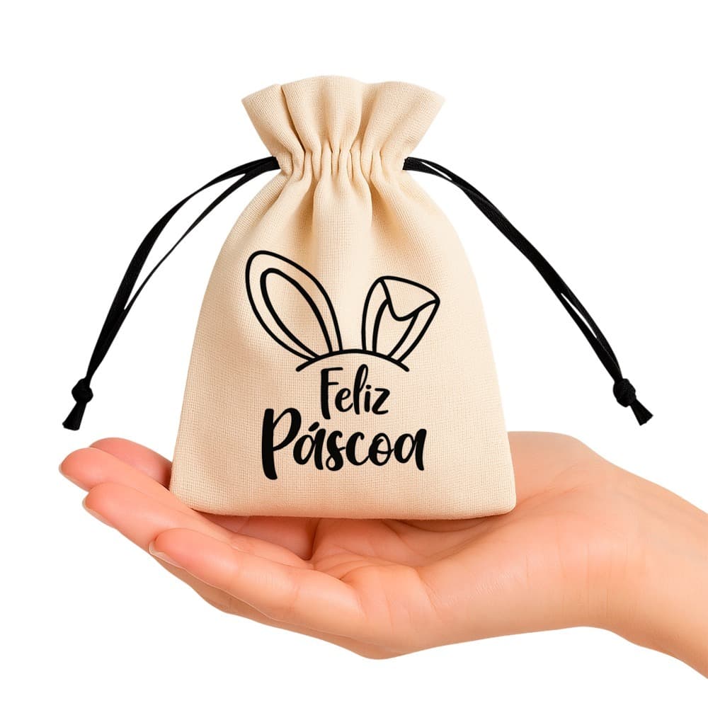 Kit Saquinhos em algodão Crú Para Páscoa Coelhinho Frase "Feliz Páscoa" - Tecido Ecológico
