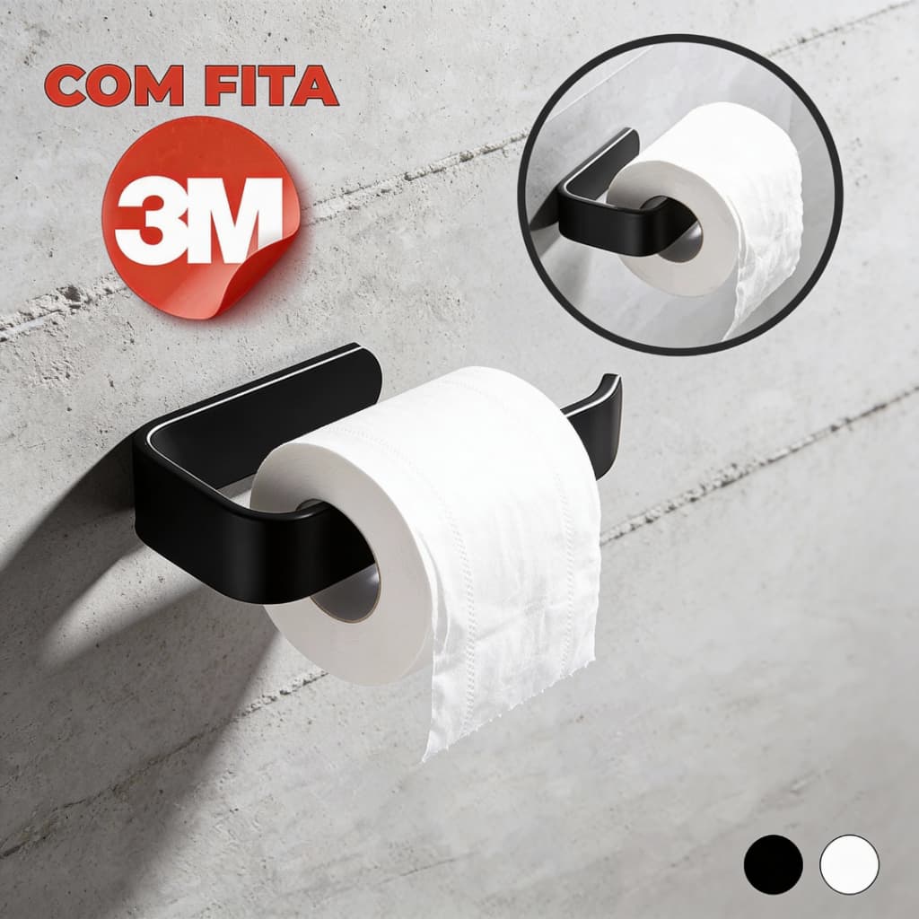 Suporte De Rolo De Papel Higiênico Com Fita 3M Acessórios Banheiro Preto