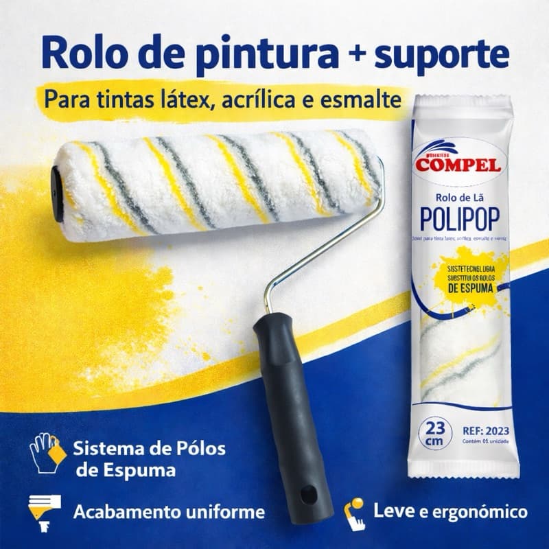 Rolos P/ Pintura 23cm de Lã Microfibra Polipop C/ Suporte
