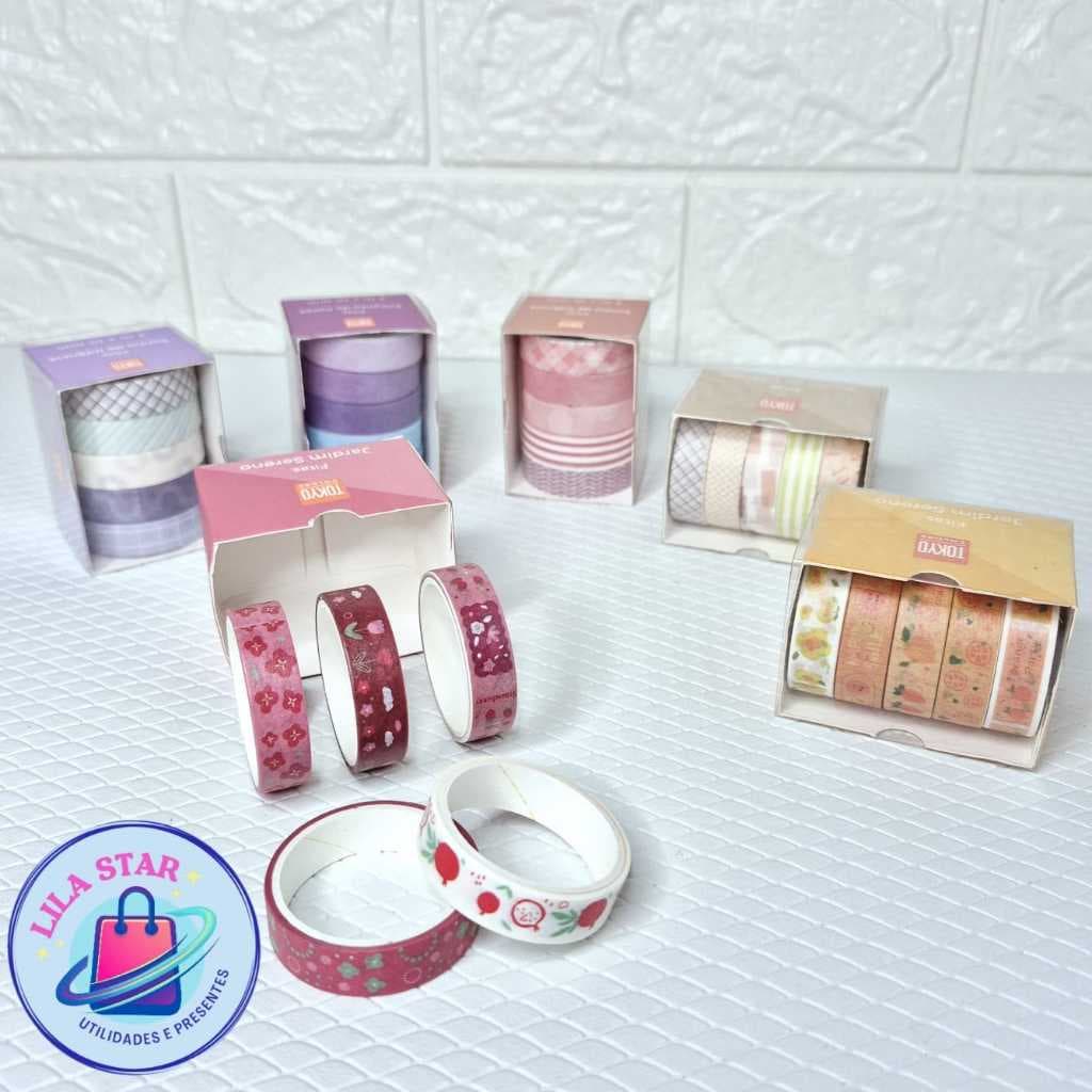 Kit com 5 Rolos de Fita Adesiva Decorativa Washi Tape Fofa e Divertida Papelaria Criativa - DRX0007
