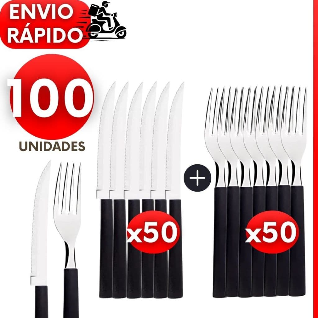 Kit 100, 50 ou 30 Talheres Garfos Facas de Inox Cabo Preto para Churrasco Jantar Bares e Restaurante