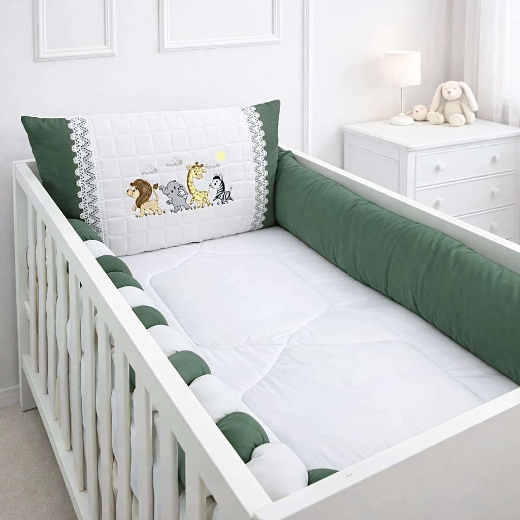 Kit Berço Verde Musgo Menino Safari - 100% 400 Fios - Confortável - Delicado - Lindo - Jogo Afeto 9 Peças