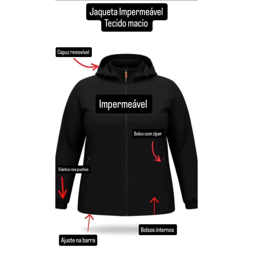 Jaqueta corta vento capuz removível feminino e masculino impermeável resistente a água bolsos zíper cor preta M ao G3