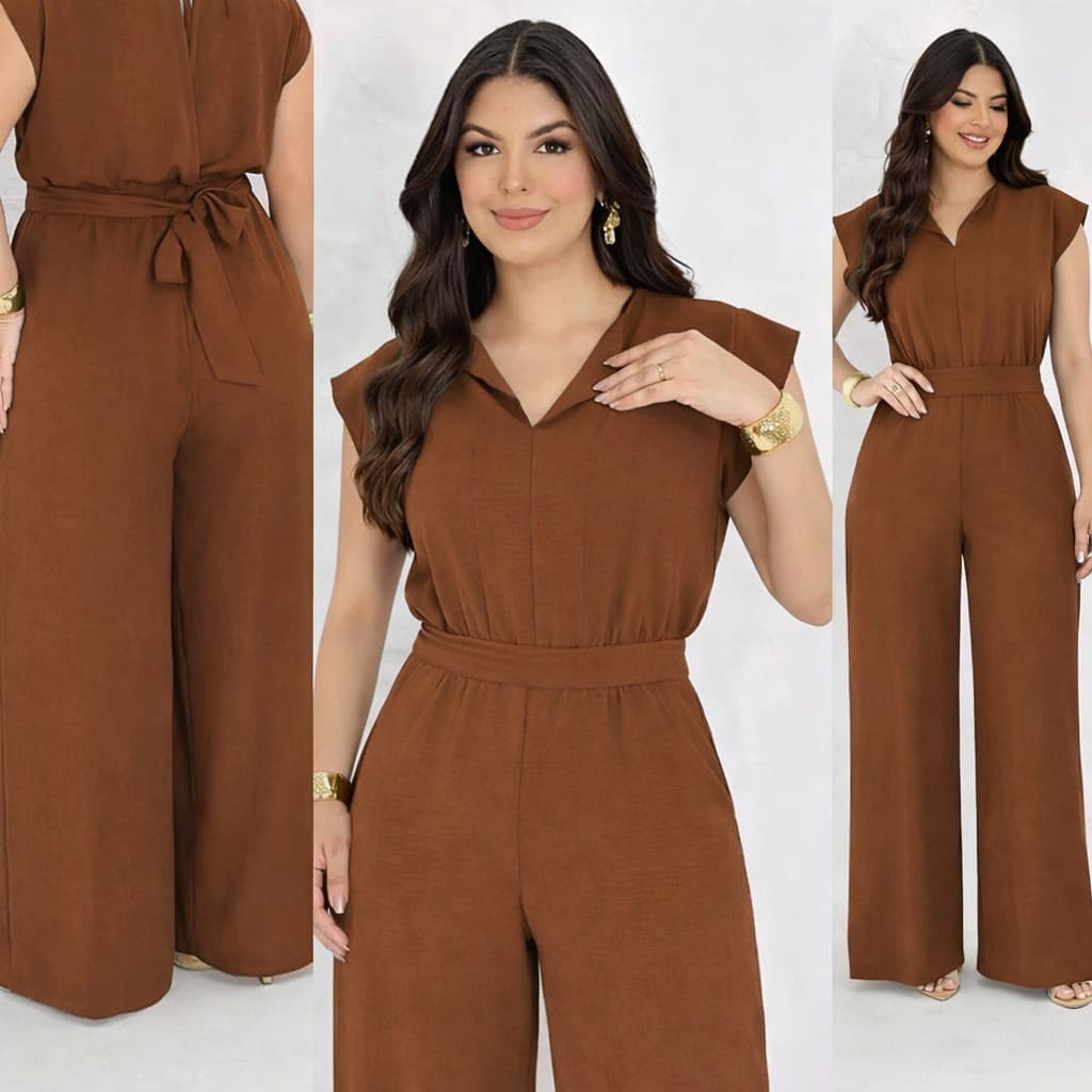 Macacão Feminino Ju Social Slim e Plus Size Com Tira Amarração na Cintura Pantalona Longo Evangélica Elegante Moda Verão