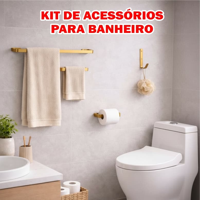 Kit para Banheiro Porta Toalha De Banho Toalha De Rosto Porta Papel Higiênico e Gancho DOURADO