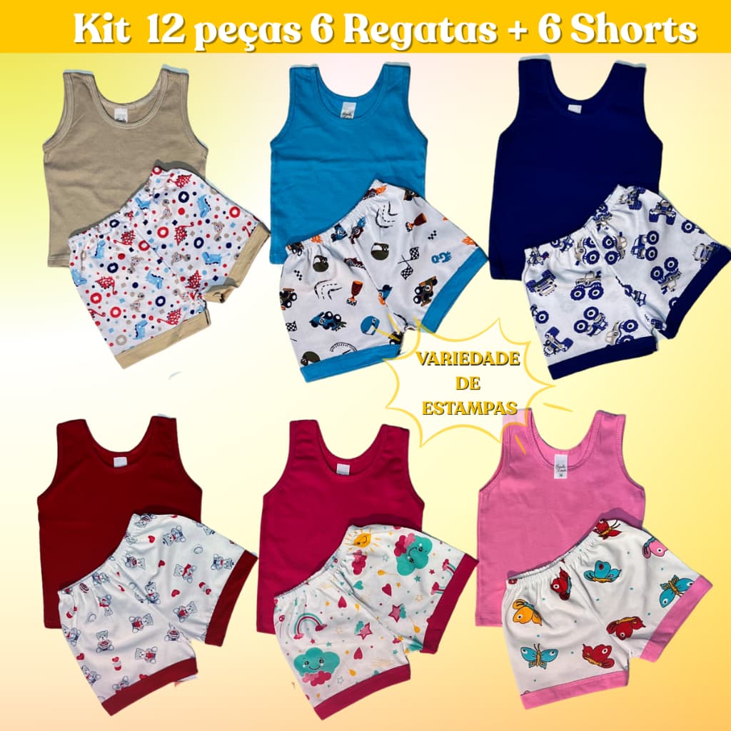 Conjunto Infantil Regata Lisa e Short Estampado Kit de 6, 3, 2 e 1 conjunto 100% Algodão