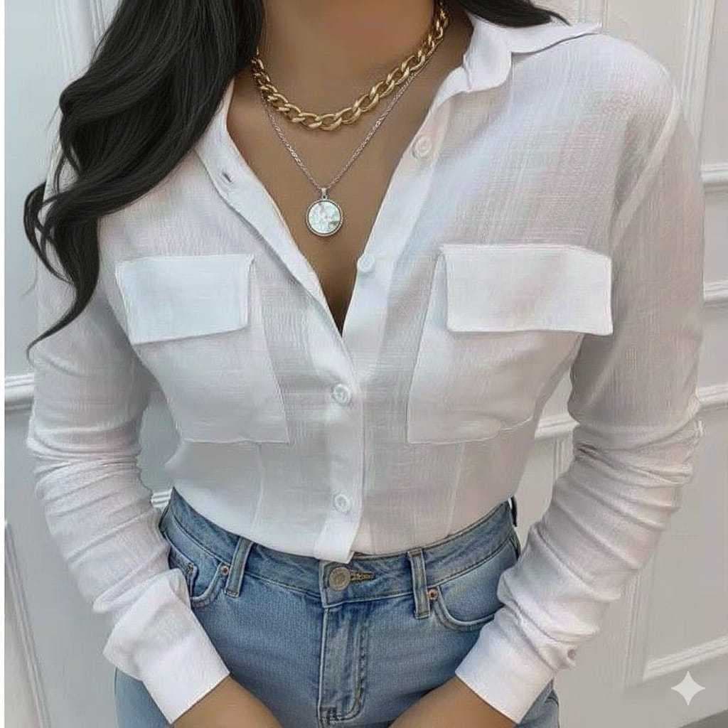 Camisa Social Feminina Manga Longa Com Bolso Viscolinho Botões | Elegante e Fresquinha para Trabalho