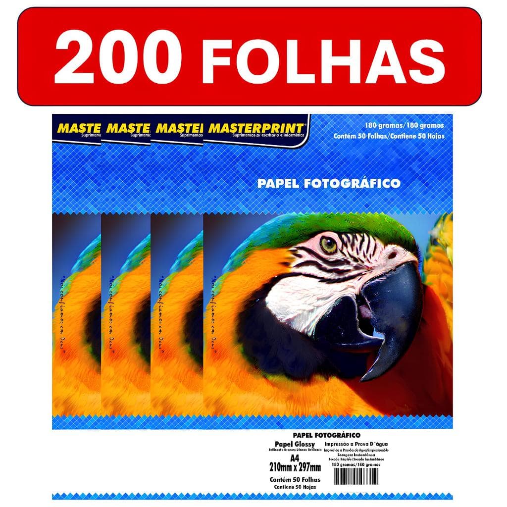 Papel Fotográfico 180G A4 Glossy Brilhante À Prova D'água Premium 200 Folhas MASTERPRINT