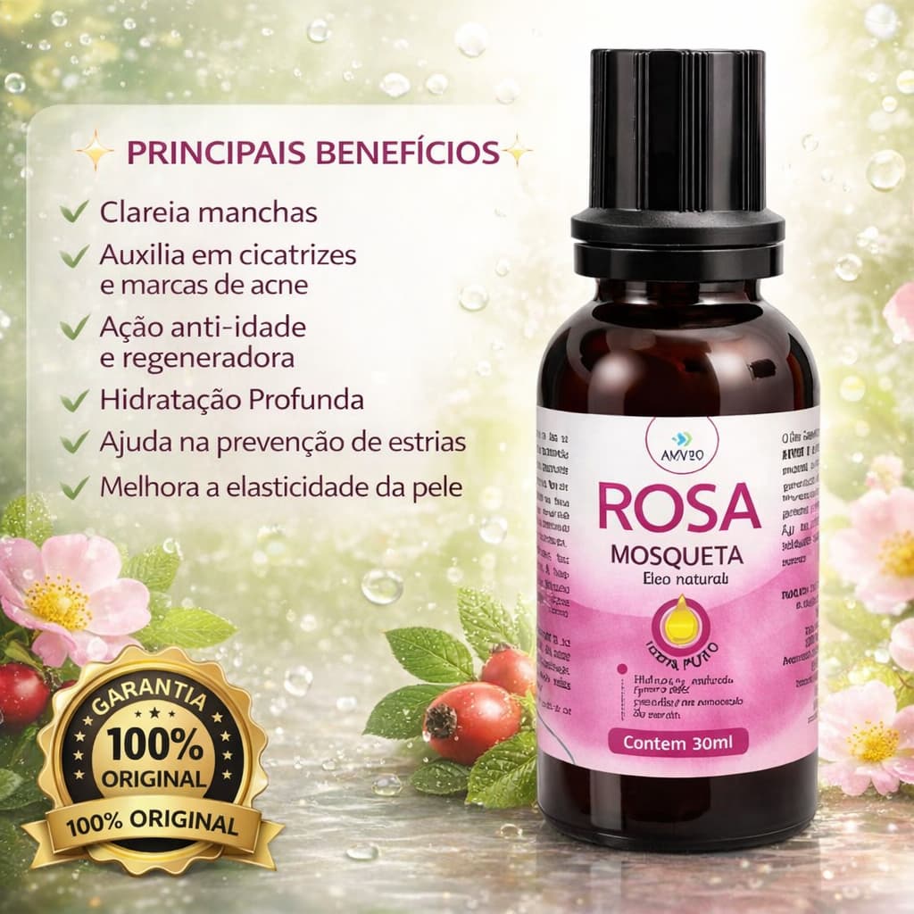 Óleo de Rosa Mosqueta 30ml 100% Natural /Clareador de Estrias e Manchas / Anti-idade / Regeneradorra