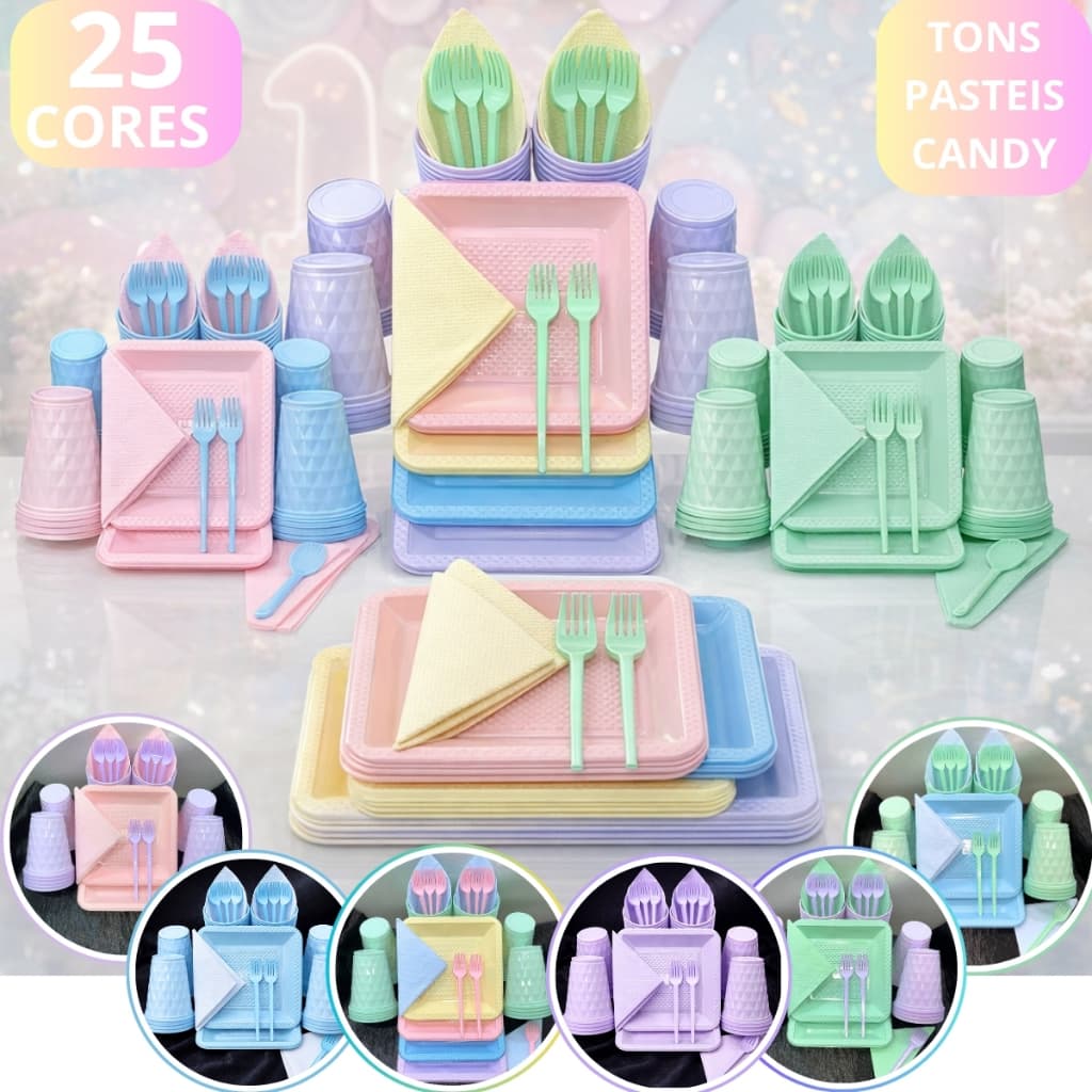 Kit Festa Aniversario 180 Itens Candy Descartavel Diamante Premium C/ Pratos Copos Garfinho Cor Pastel Azul Rosa Amarelo