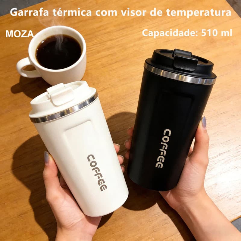 Copo térmico inox com display de temperatura, capacidade de 510ml, mantém calor e frio, adequado para café, chá e sucos