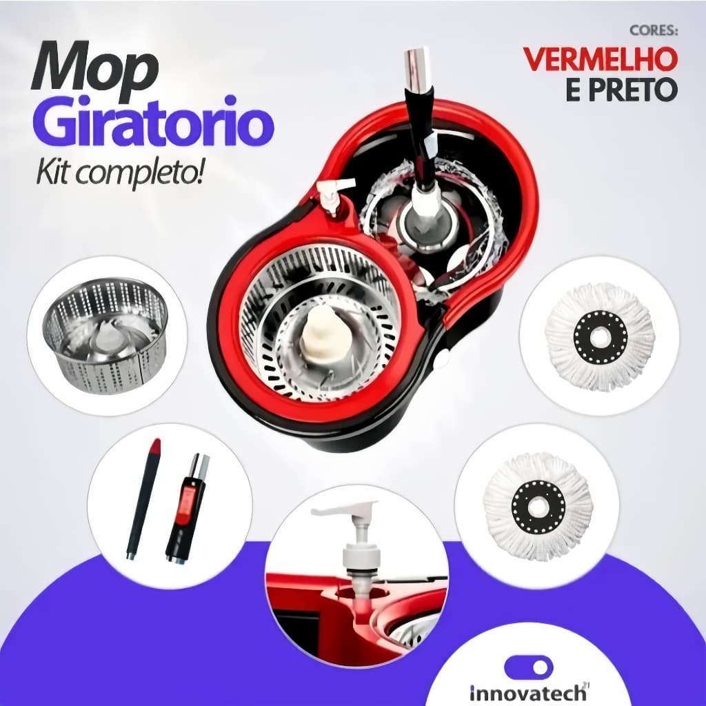 Mop Giratorio Com cabo de 150 cm Cesto Em Inox Balde Centrífuga E Rodinhas - Com 2 Refil