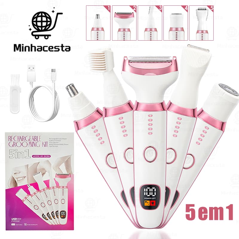 Depilador Elétrico Feminino 5 em 1 para depilar pelos íntimos e das pernas Rosto corpo Recarregável