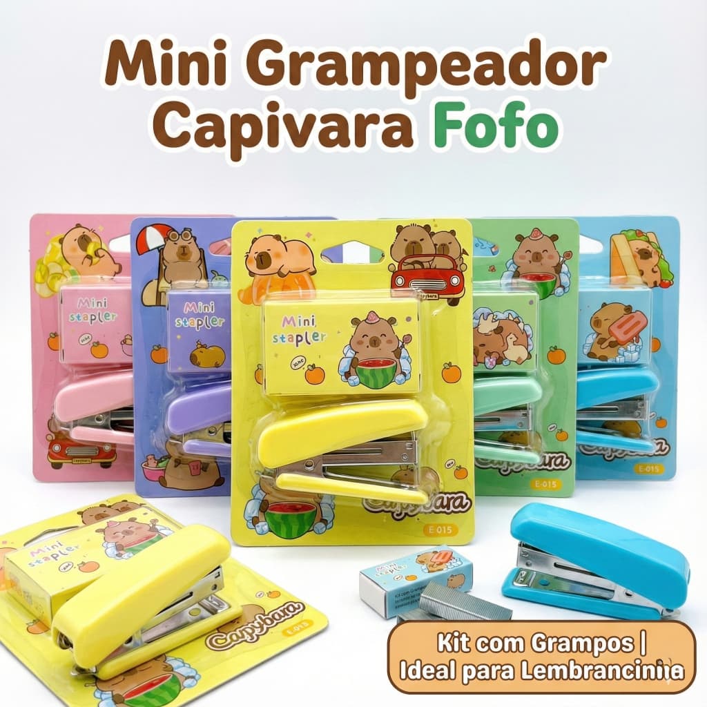 Mini Grampeador Capivara Fofo (Capybara) + Grampos | Papelaria Kawaii e Volta às Aulas