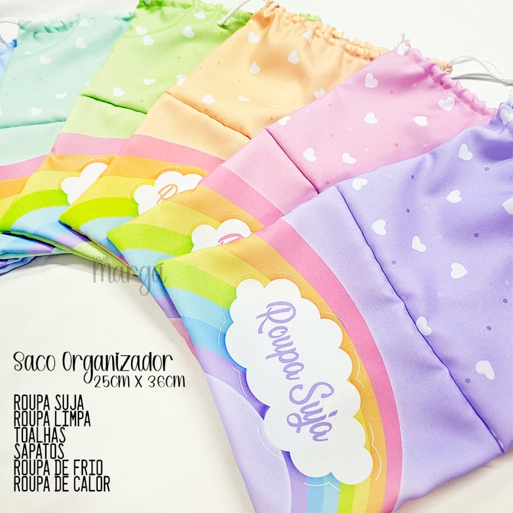 Saco Organizador 36cm x 25cm CORAÇÕES Roupa Limpa, Suja, Toalha, Sapato- para Viagem, Creche, Escola