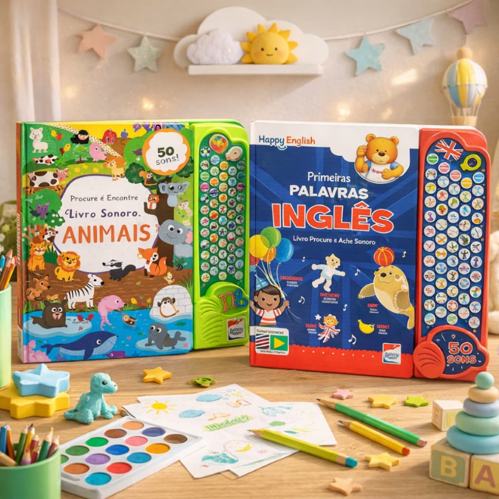 Livro Sonoro Infantil Procure e Encontre Educativo +50 Sons