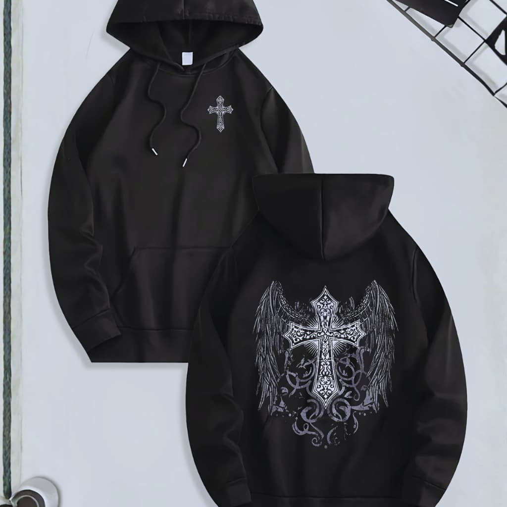 Moletom Canguru Estampa Cruz Gótica Hoodie Streetwear Unissex Moda Alternativa