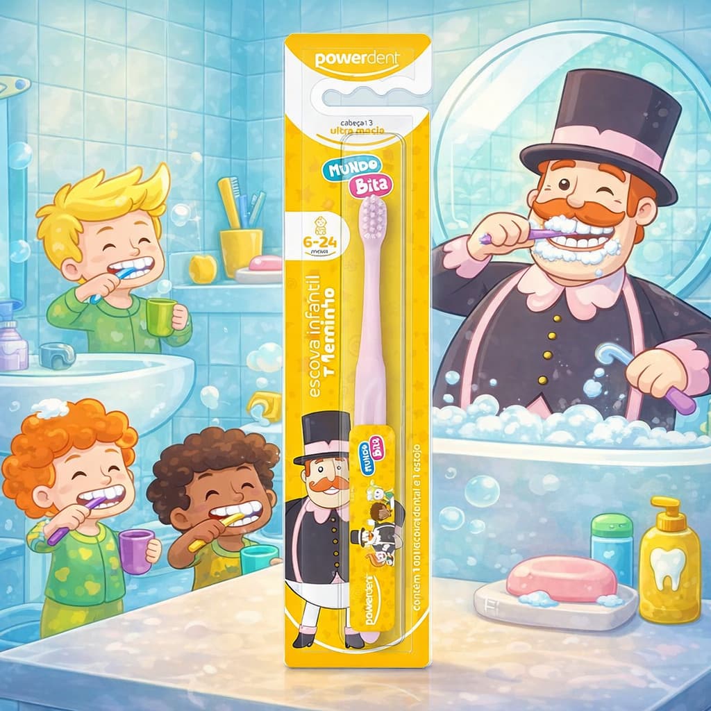 Escova Dental Infantil Primeiro Dentinho Mundo Bita Rosa Powerdent - Criança de 6 a 24 meses