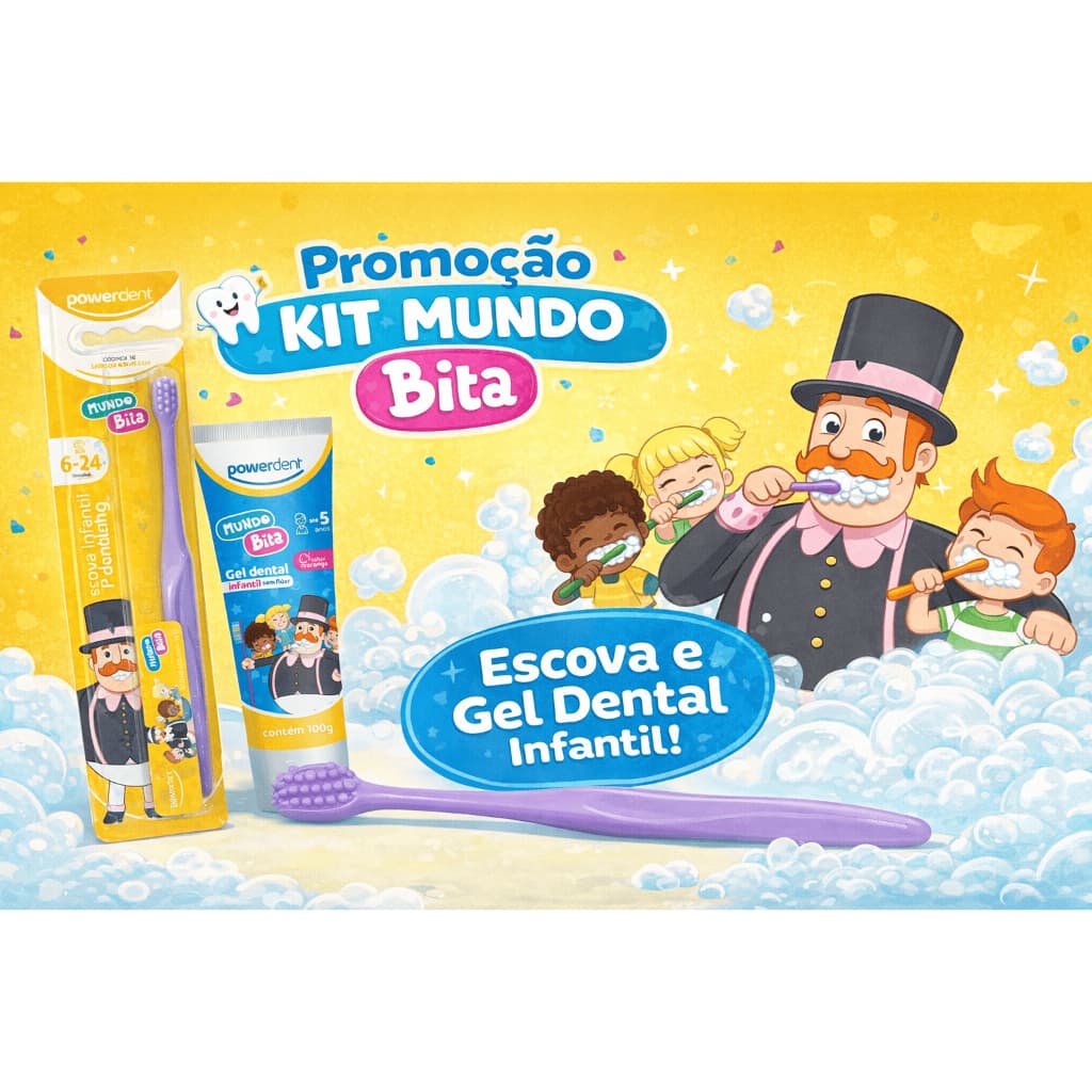 Kit Escova Dental Infantil + Creme Dental Sem Flúor Bebê I Meu primeiro Dentinho I Mundo Bita Powerdent