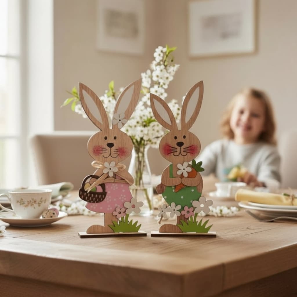 Enfeite Decorativo de Páscoa em Madeira – Casal Coelho Cestinha Decorativo para Mesa Posta
