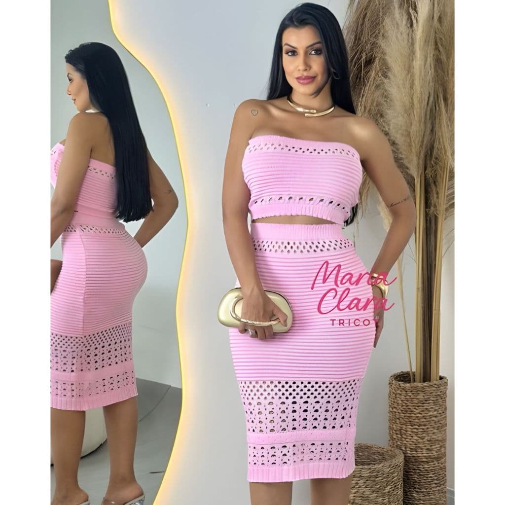 Conjunto Feminino Top Cropped Saia Tubinho Tricot Vazado Rendado Com Forro Casual Elegante Verão