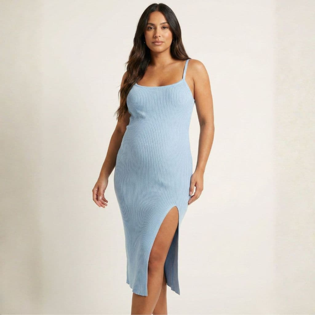 Vestido Modal Midi Tricot Canelado Grávida Elasticidade Alta Qualidade Tricot