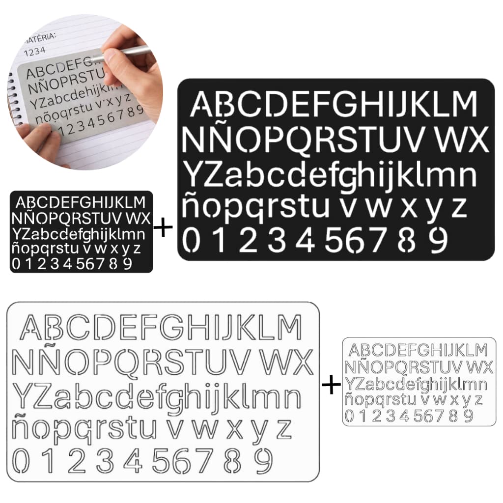 Régua Normógrafo Numérica Alfabético 2 Modelos Tamanho - Kit