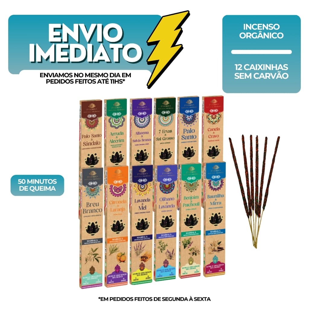Incenso Aromas Variados Orgânico 72 Varetas Sem Carvão Massala Parman 12 Caixinhas