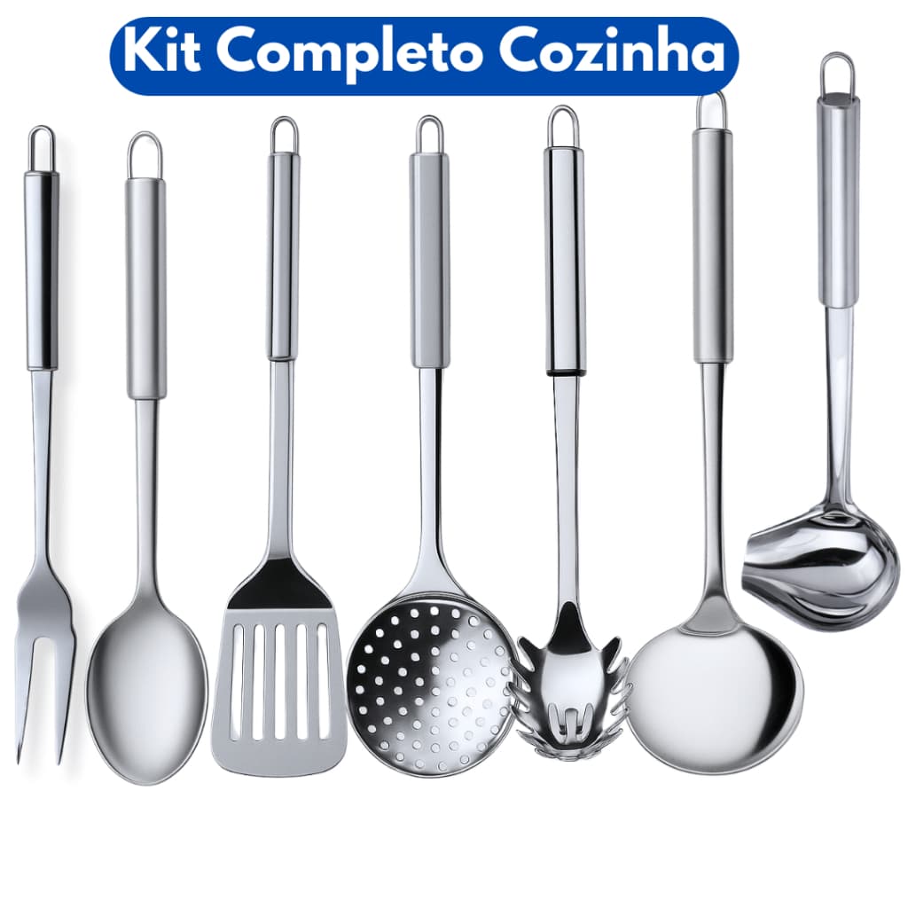 Kit 7 Utensílios de Cozinha Inox Escumadeira Concha Colher Arroz Pegador Garfo Espátula Concha Caldo