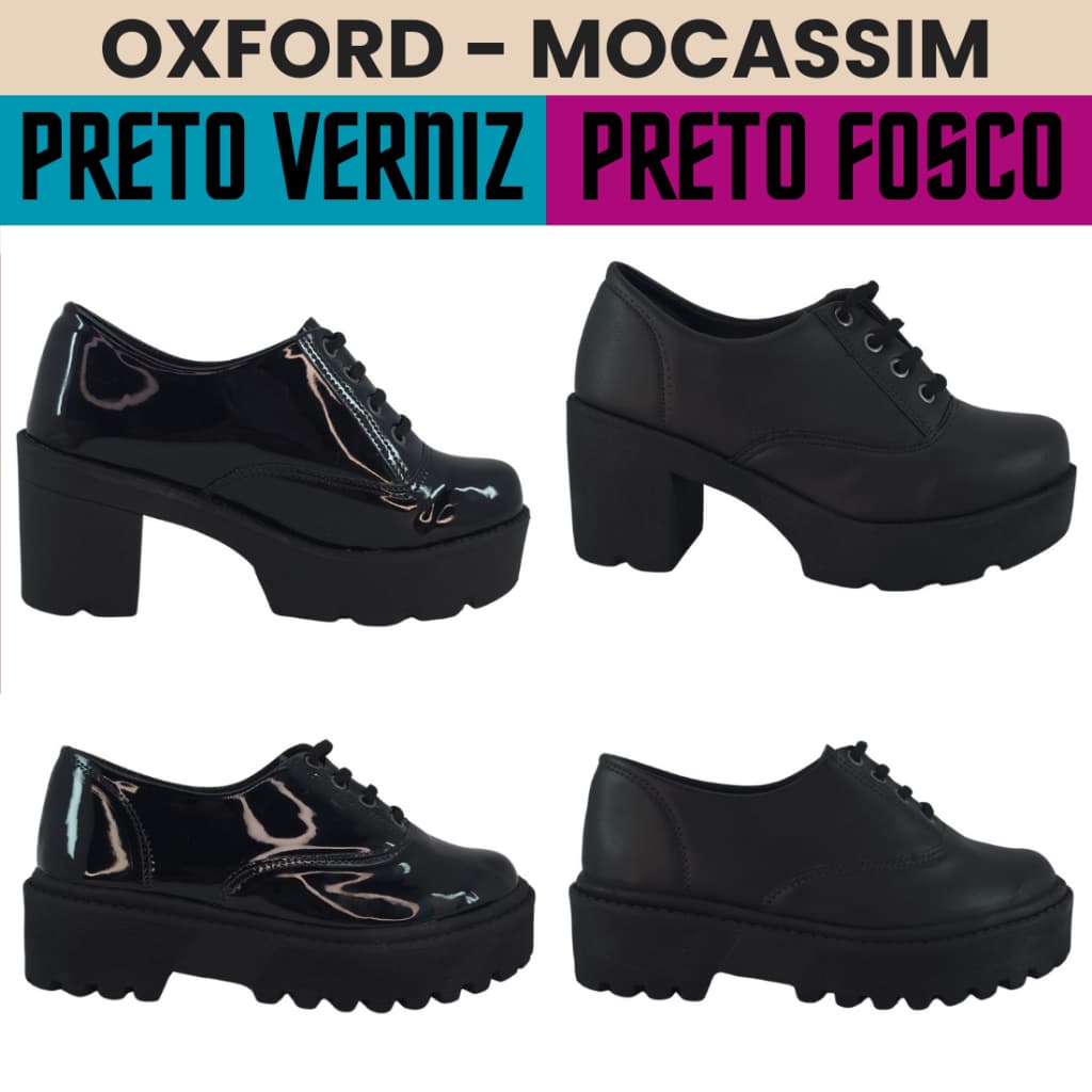 Sapato Oxford Mocassim Salto Plano Plataforma Verniz e Preto
