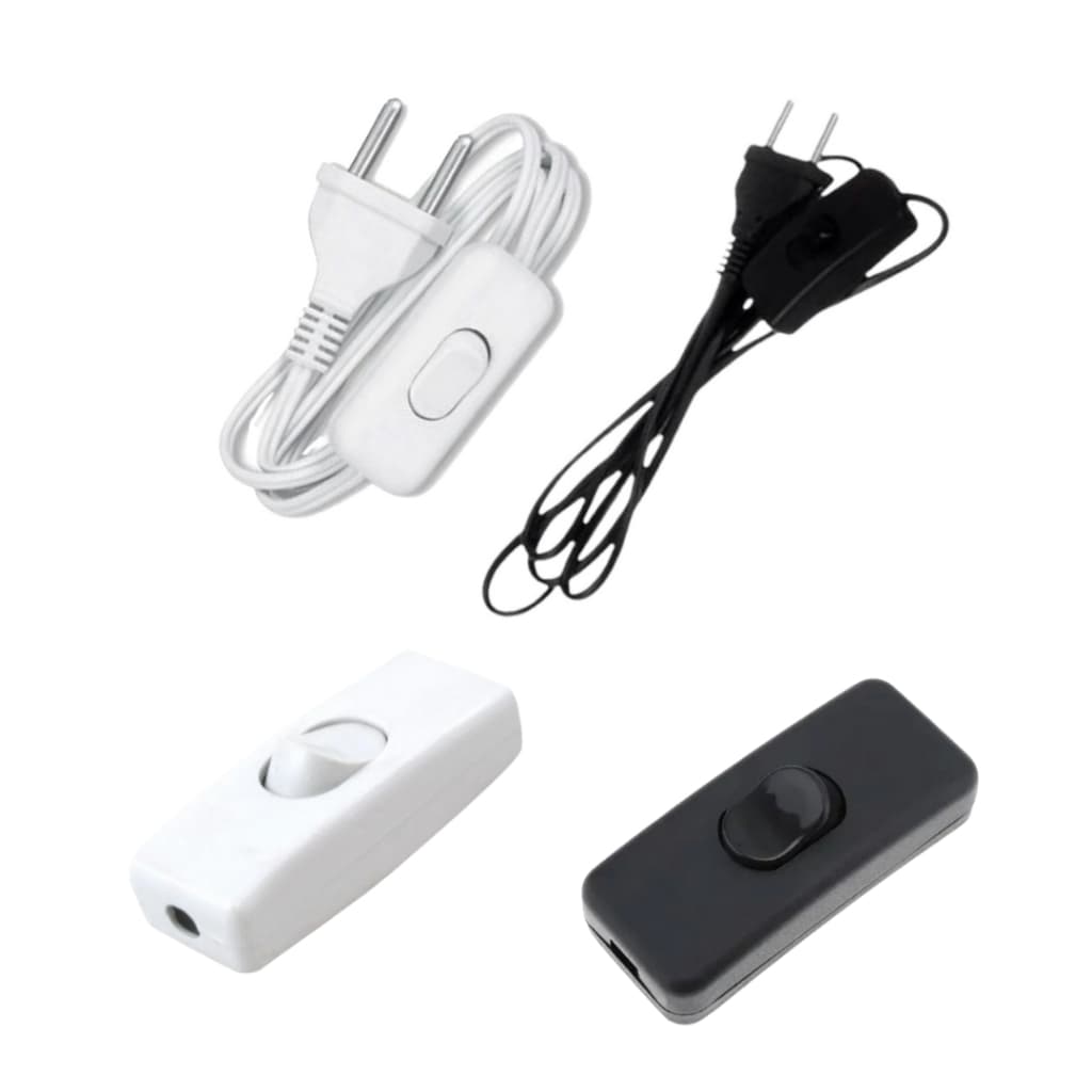 Interruptor 1 Tecla C/Cordão e S/Cordão 1,20m para Abajur (Meio Fio) Interneed Branco e Preto Casa Quarto Segurança