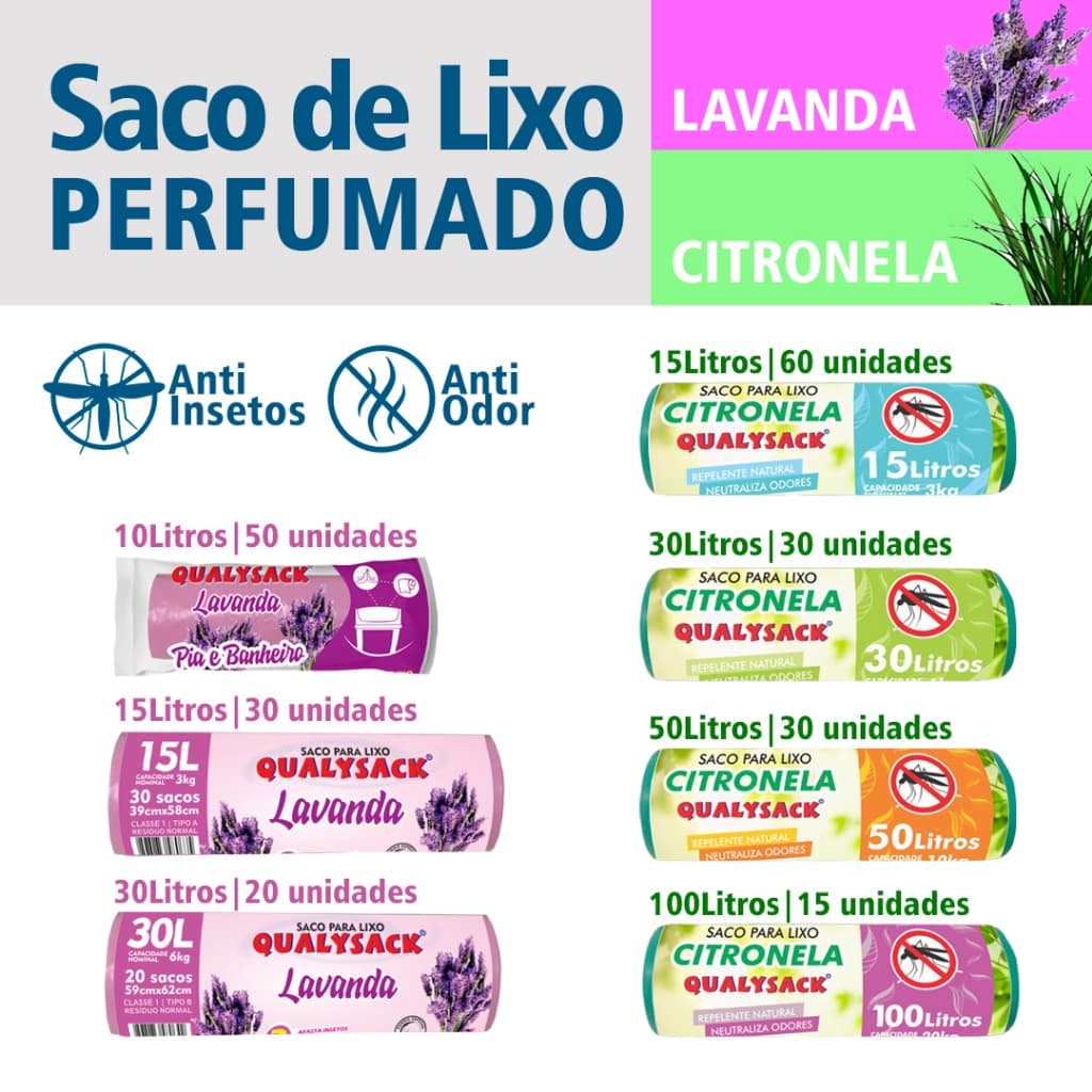 Saco de lixo Aroma Lavanda Citronela Rolo 10L 15L 30L 50L 100L Qualysack Repelente Anti Odor Sacola
