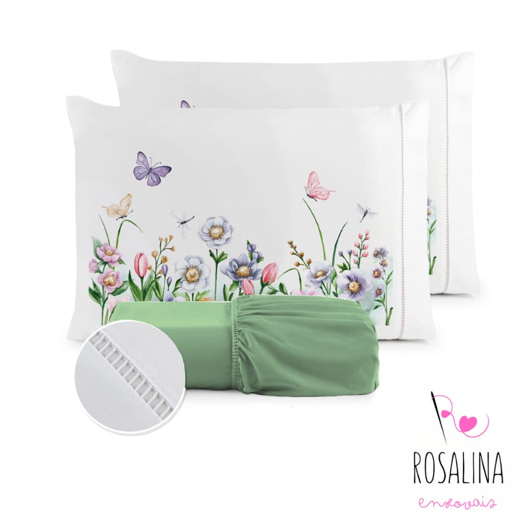 Kit Jogo de Cama Lençol Liso Fronha Estampada Micropercal 400 Fios Ponto Palito