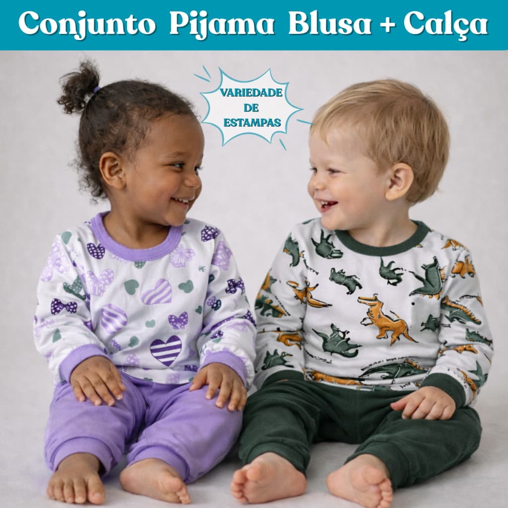 Kit de 4, 2 e 1 Conjunto Infantil Pijama Manga Longa Estampada e Calça 100% Algodão