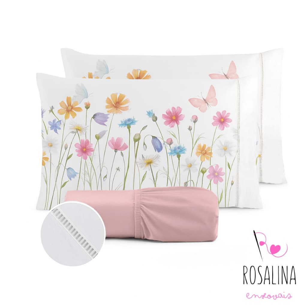 Kit Jogo de Cama Lençol Liso Fronha Estampada 400 Fios Micropercal Ponto Palito